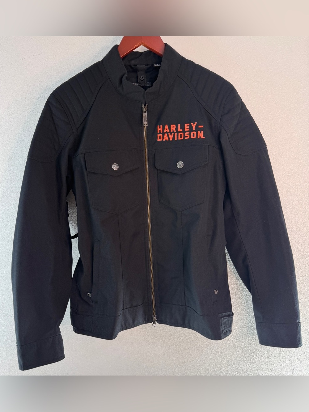 Harley Davidson Motorcycle Jacket Biker Canvas Black Spell Out Logo RidingGear M